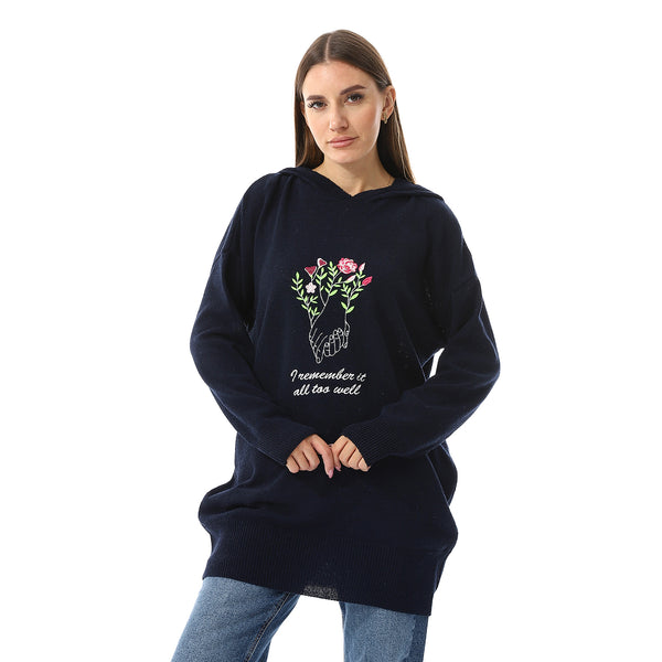 "I Remember It" Embroidered Hooded Sweater - Navy Blue