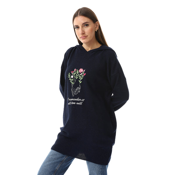 "I Remember It" Embroidered Hooded Sweater - Navy Blue