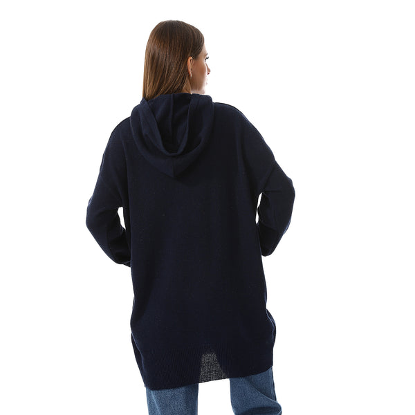 "I Remember It" Embroidered Hooded Sweater - Navy Blue