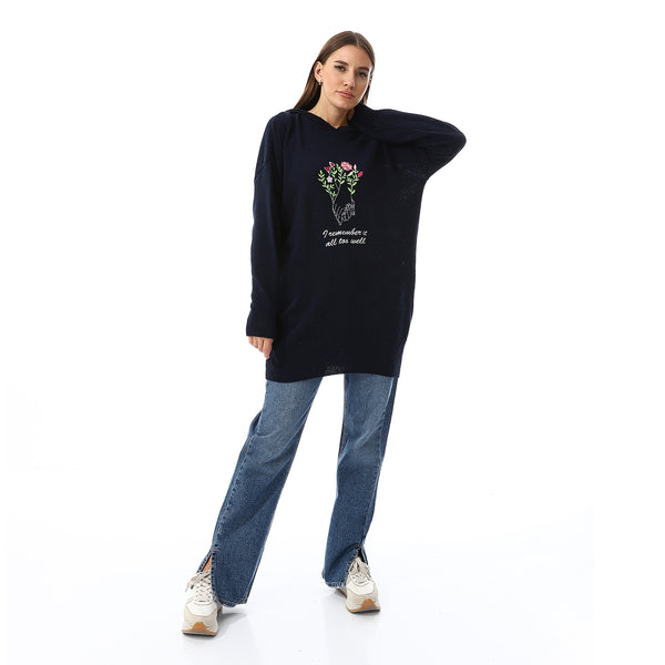 "I Remember It" Embroidered Hooded Sweater - Navy Blue
