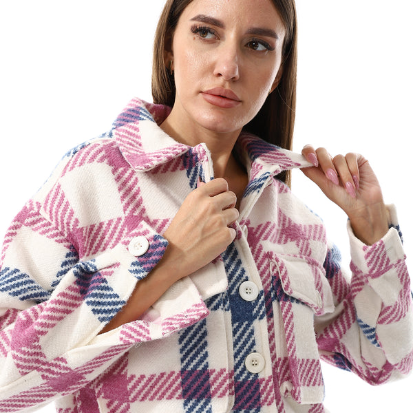 Off White, Navy Blue And Kashmir Buttons Down Closure Jacket