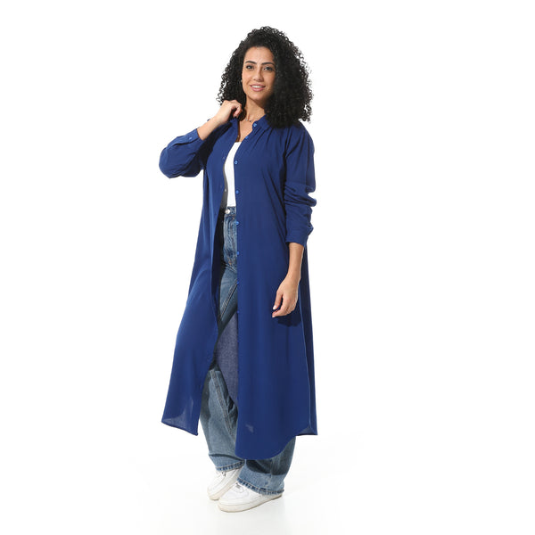 Turn-down-collar-plain-long-shirt-Navy