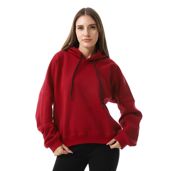 Long Sleeves Fleece Hoodie - Dark Red