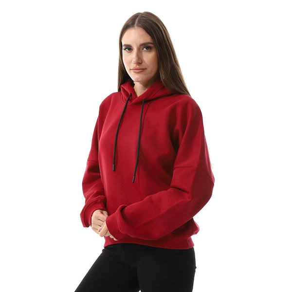 Long Sleeves Fleece Hoodie - Dark Red