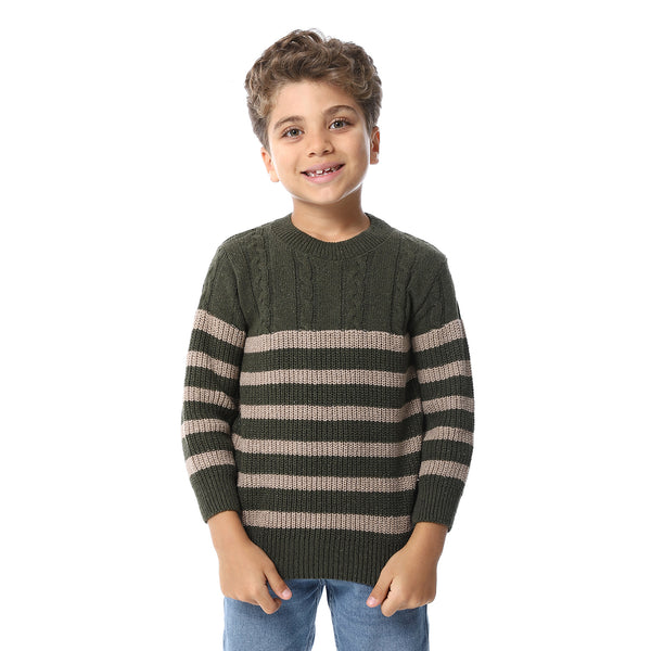 Beige And Army Green Slip On Striped Boys Pullover