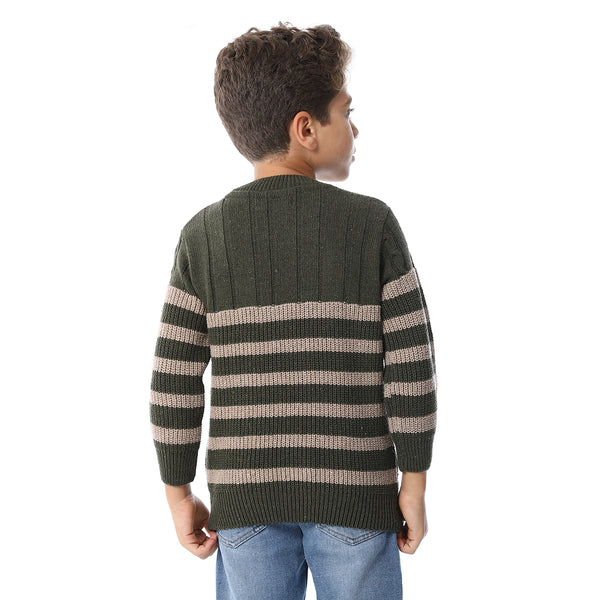 Beige And Army Green Slip On Striped Boys Pullover