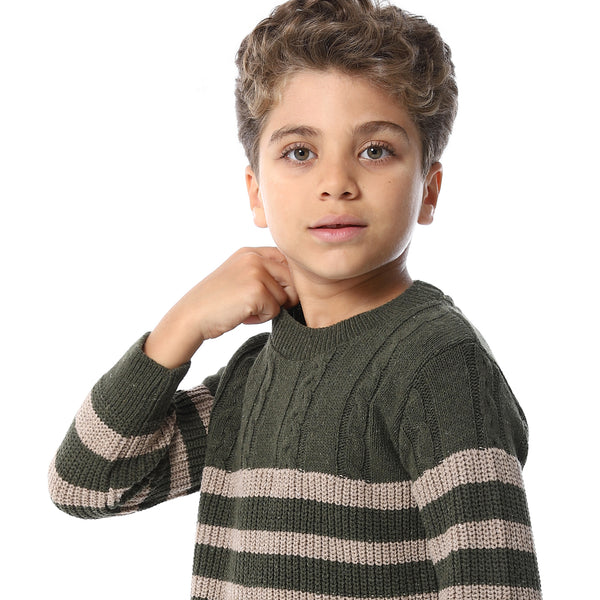 Beige And Army Green Slip On Striped Boys Pullover