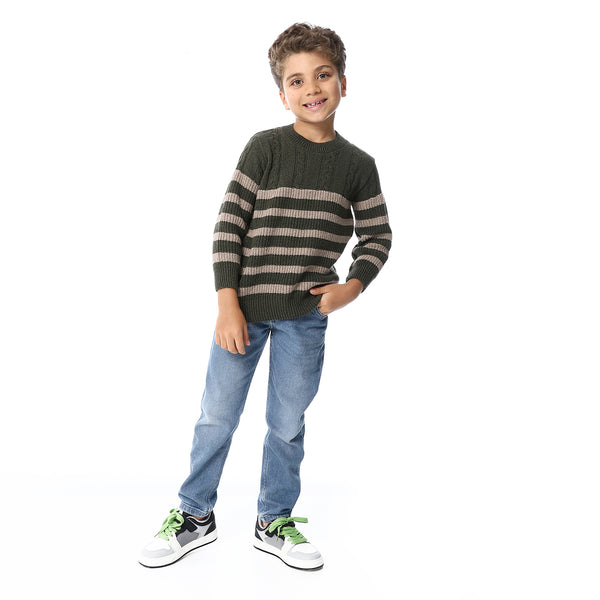 Beige And Army Green Slip On Striped Boys Pullover