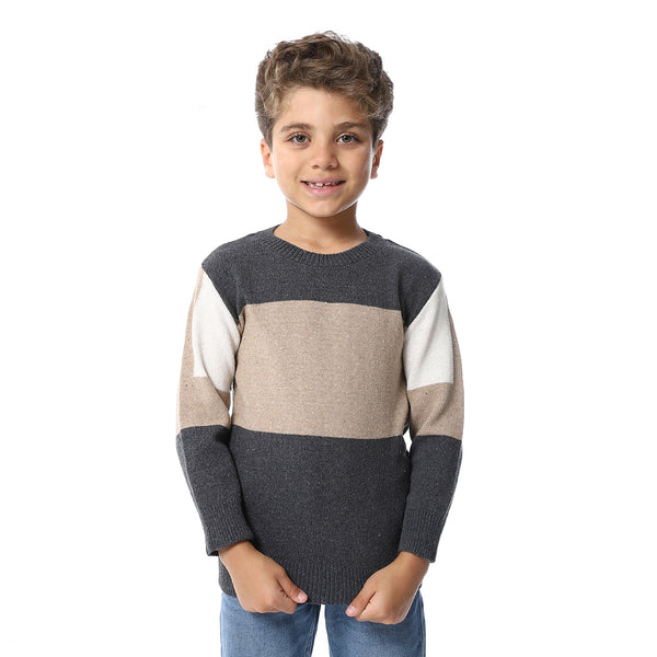 Tri-Tone Slip On Boys Pullover - Dark Grey, Dark Beige & Off White