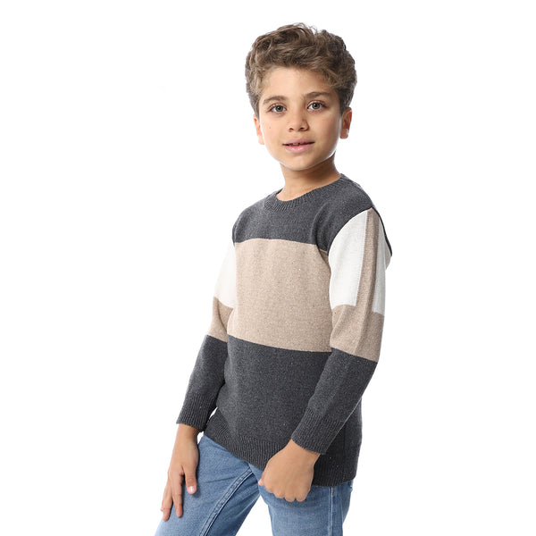 Tri-Tone Slip On Boys Pullover - Dark Grey, Dark Beige & Off White