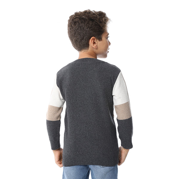 Tri-Tone Slip On Boys Pullover - Dark Grey, Dark Beige & Off White