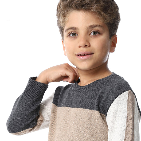 Tri-Tone Slip On Boys Pullover - Dark Grey, Dark Beige & Off White