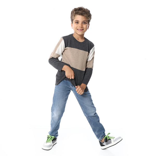 Tri-Tone Slip On Boys Pullover - Dark Grey, Dark Beige & Off White