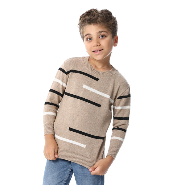 Round Collar Striped Boys Pullover - Dark Beige, Black & Off White