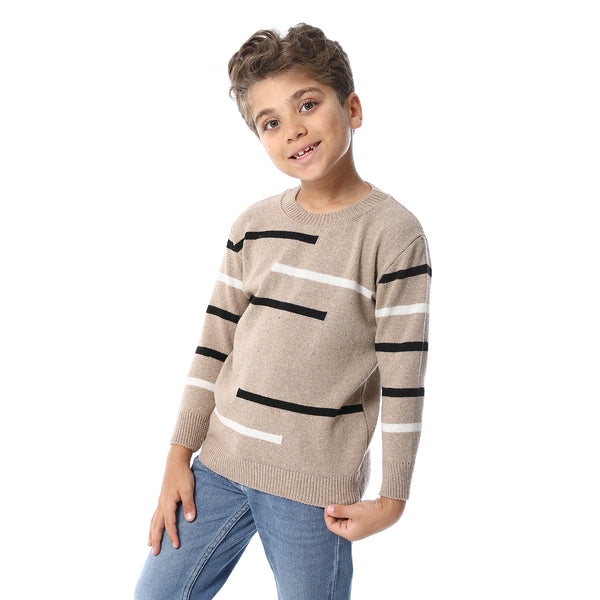 Round Collar Striped Boys Pullover - Dark Beige, Black & Off White