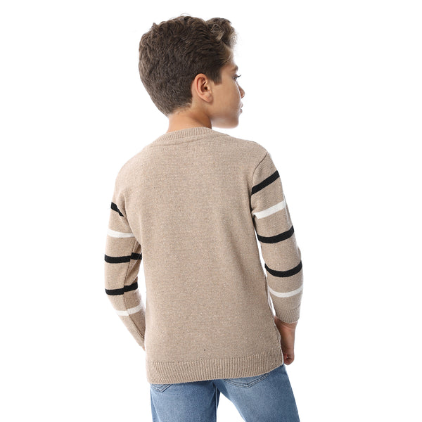 Round Collar Striped Boys Pullover - Dark Beige, Black & Off White