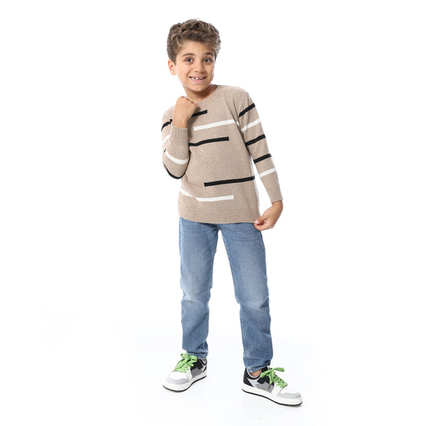 Round Collar Striped Boys Pullover - Dark Beige, Black & Off White