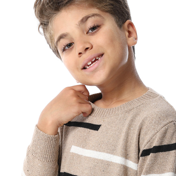 Round Collar Striped Boys Pullover - Dark Beige, Black & Off White