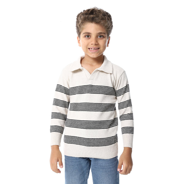 Beige And Black Turn Down Collar Boys Pullover