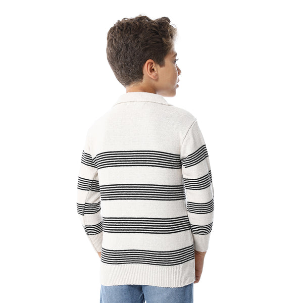 Beige And Black Turn Down Collar Boys Pullover