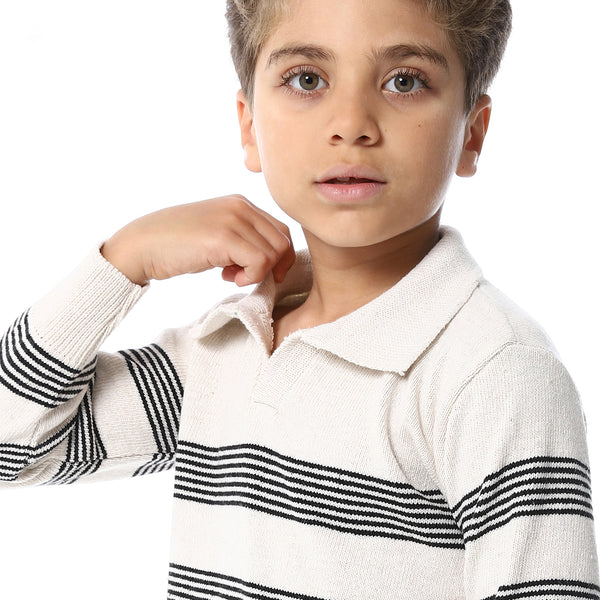 Beige And Black Turn Down Collar Boys Pullover