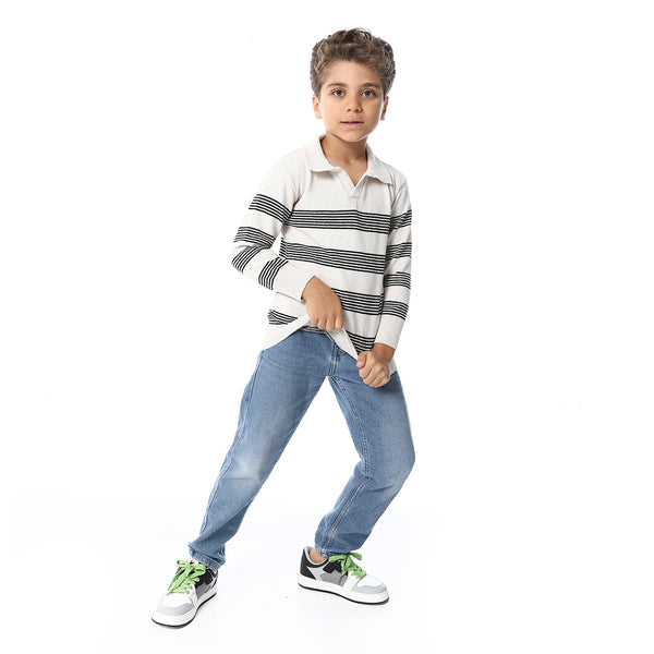 Beige And Black Turn Down Collar Boys Pullover