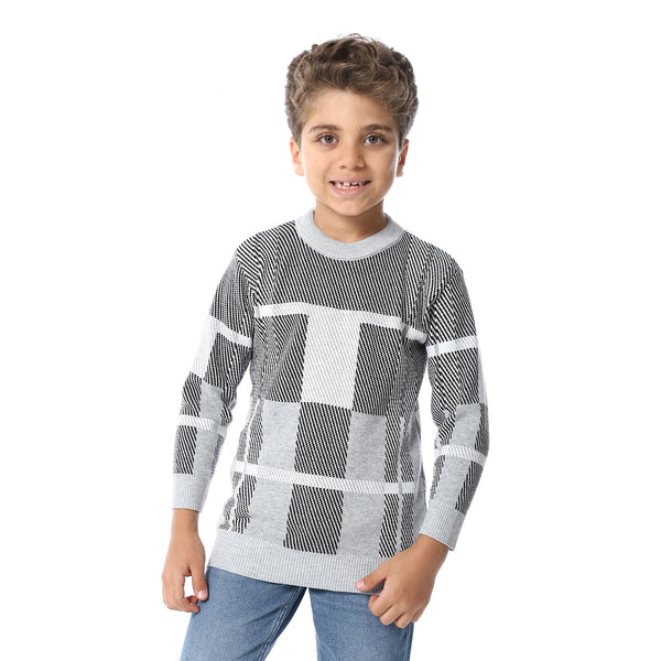 Self Pattern Long Sleeves Boys Pullover - Grey, Black & White