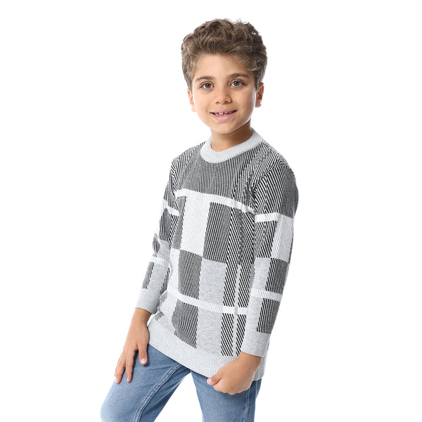 Self Pattern Long Sleeves Boys Pullover - Grey, Black & White