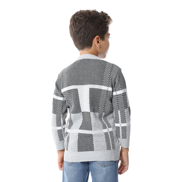 Self Pattern Long Sleeves Boys Pullover - Grey, Black & White