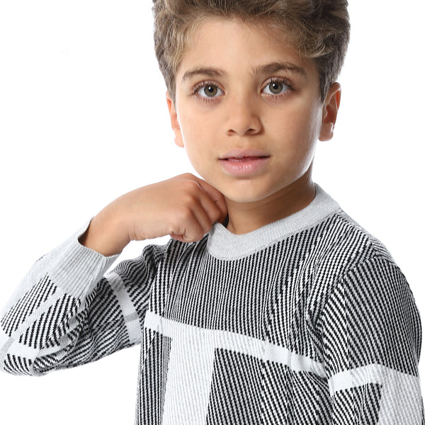 Self Pattern Long Sleeves Boys Pullover - Grey, Black & White