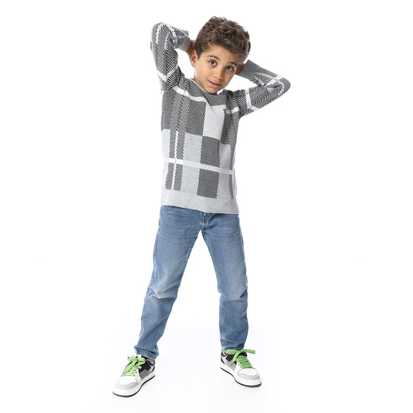 Self Pattern Long Sleeves Boys Pullover - Grey, Black & White