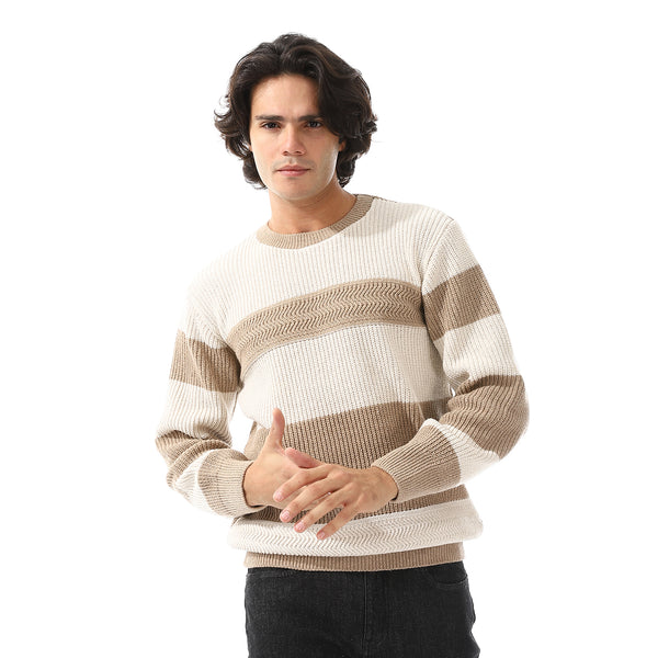 Wide Striped & Knitted Slip On Pullover - Off White & Dark Beige