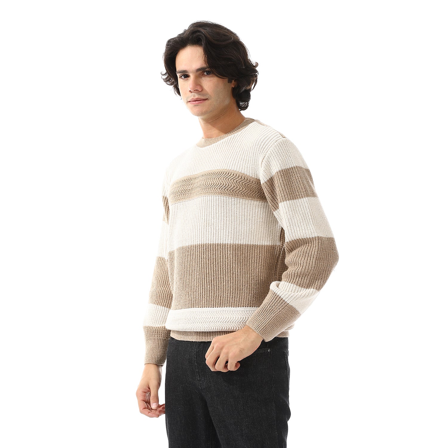 unoa 【Plie Sleeve】 NUDIE BEIGE × BLACK Black And Beige Striped Knitted Jumper