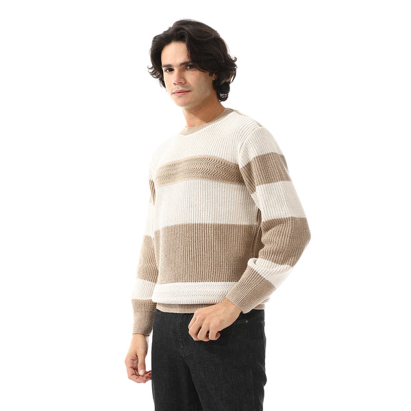 Wide Striped & Knitted Slip On Pullover - Off White & Dark Beige