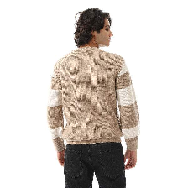 Wide Striped & Knitted Slip On Pullover - Off White & Dark Beige