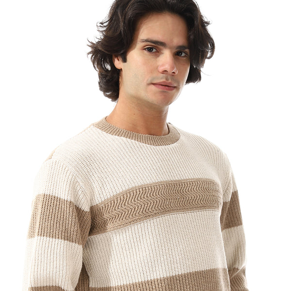Wide Striped & Knitted Slip On Pullover - Off White & Dark Beige