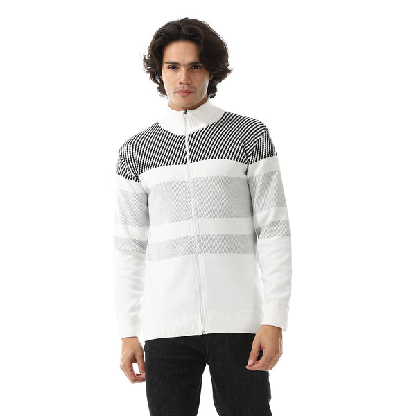 Zipper Knitted Long Sleeves Sweater - White & Grey