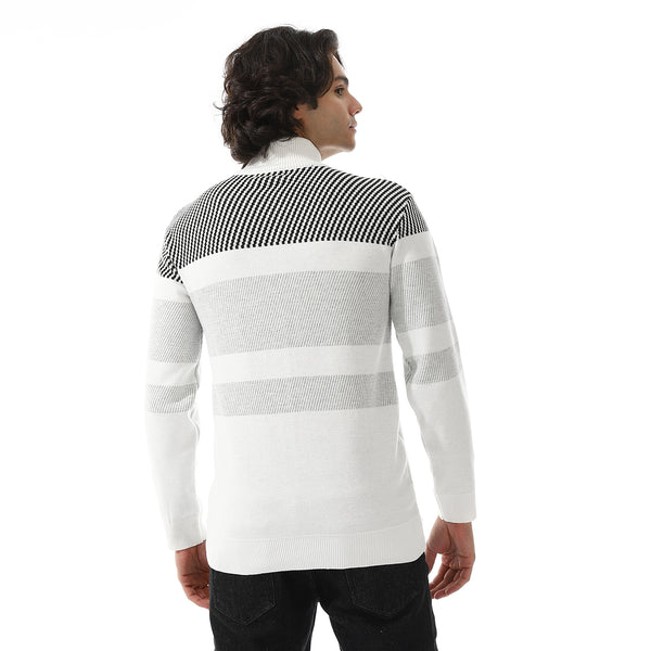 Zipper Knitted Long Sleeves Sweater - White & Grey
