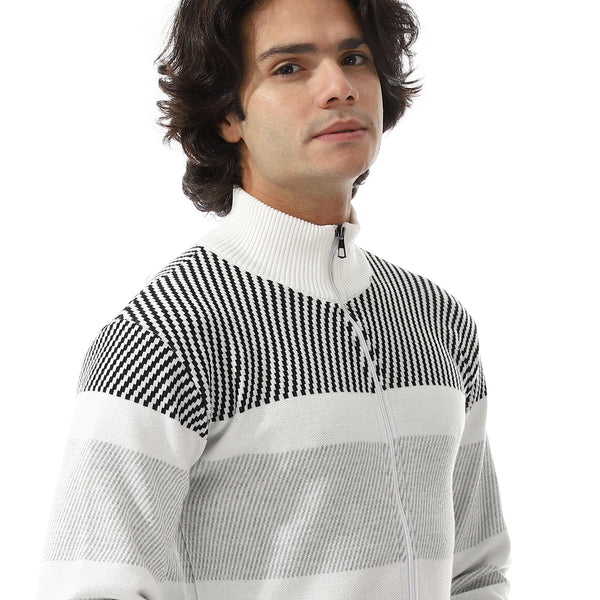 Zipper Knitted Long Sleeves Sweater - White & Grey