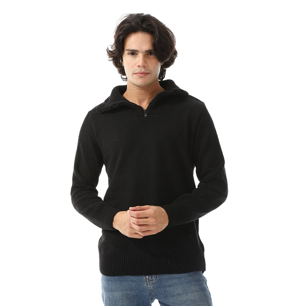 Upper Zipper Through Long Sleeves Pullover - Black