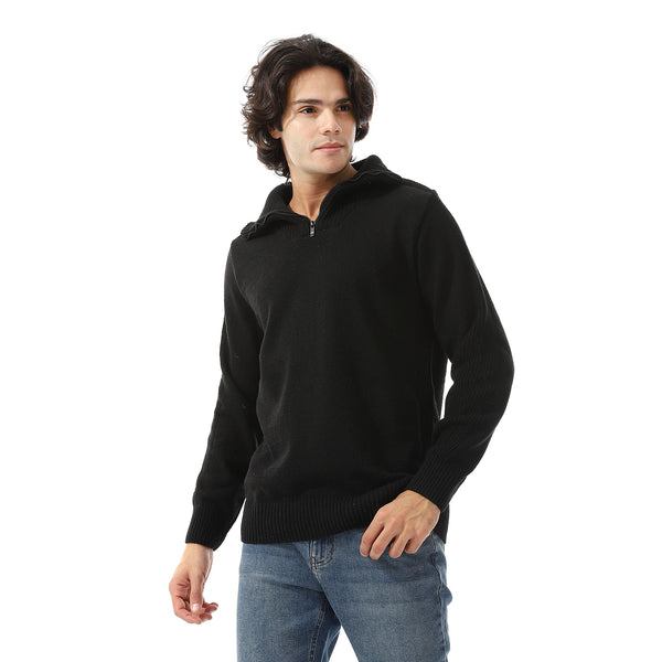 Upper Zipper Through Long Sleeves Pullover - Black