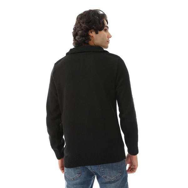 Upper Zipper Through Long Sleeves Pullover - Black
