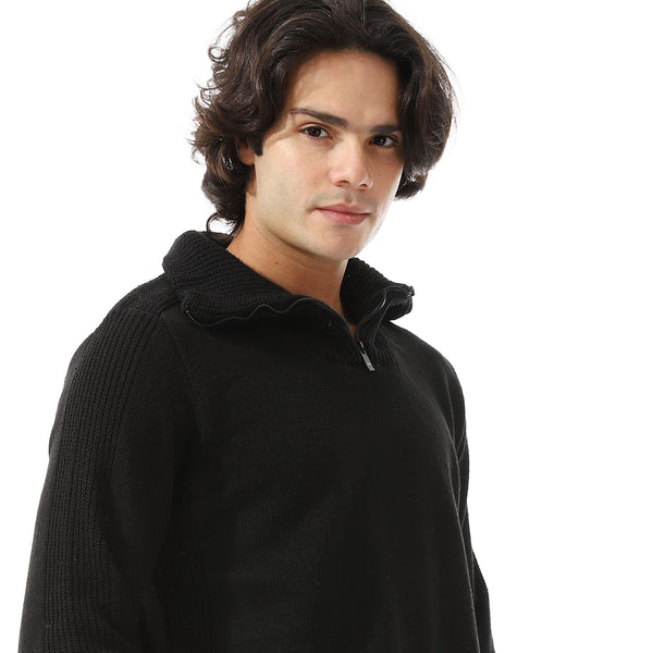 Upper Zipper Through Long Sleeves Pullover - Black