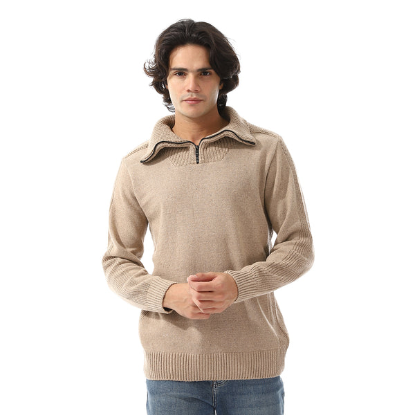 Upper Zipper Through Long Sleeves Pullover - Beige