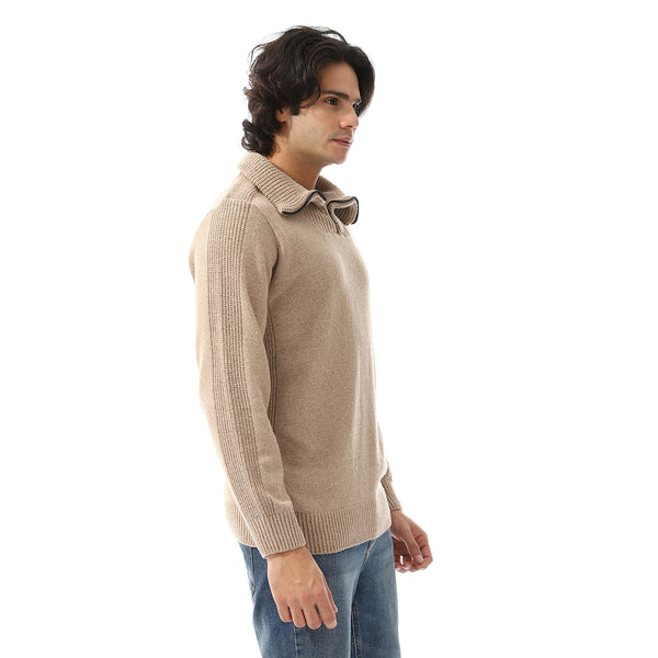 Upper Zipper Through Long Sleeves Pullover - Beige