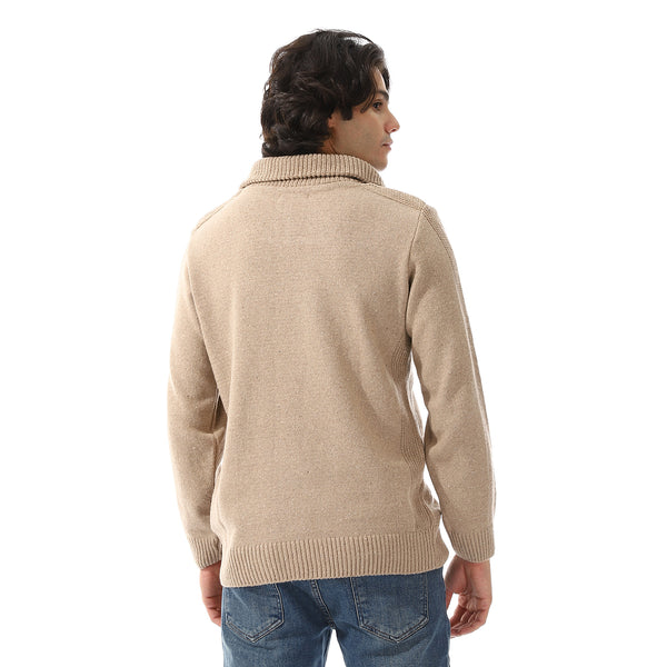 Upper Zipper Through Long Sleeves Pullover - Beige