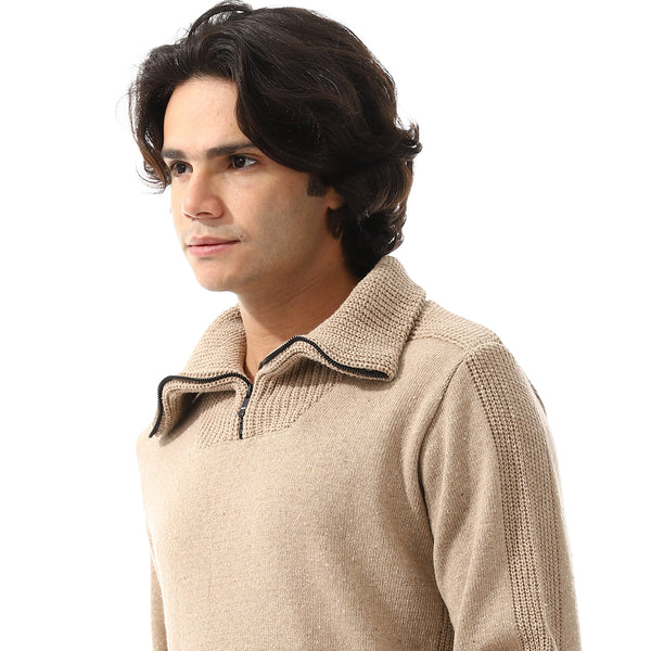 Upper Zipper Through Long Sleeves Pullover - Beige