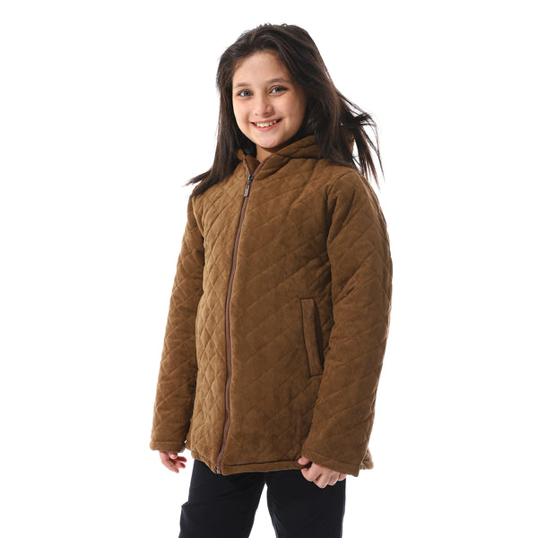 Grayish_Brown_Quilted_Hooded_Girls_Jacket