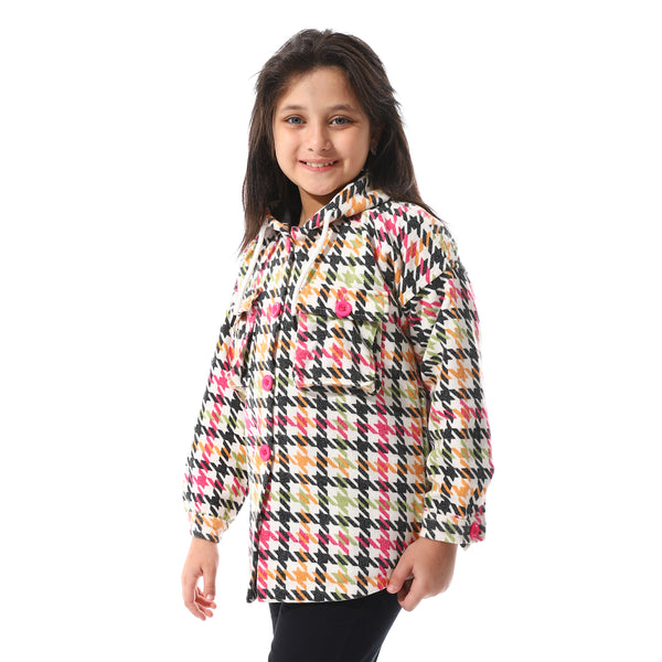 Houndstooth_Pattern_Hooded_Girls_Jacket_-_White,_Fuchsia_&_Black