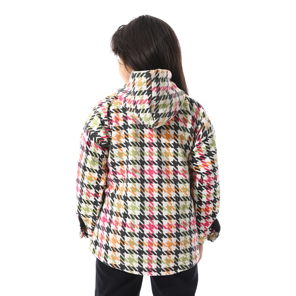 Houndstooth_Pattern_Hooded_Girls_Jacket_-_White,_Fuchsia_&_Black